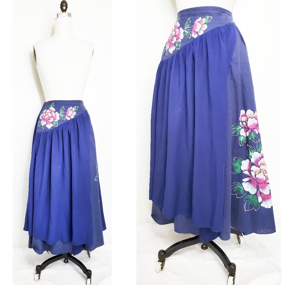 Vintage Womens Handmade Handpainted Floral Layered Flared Skirt Blue XS/S